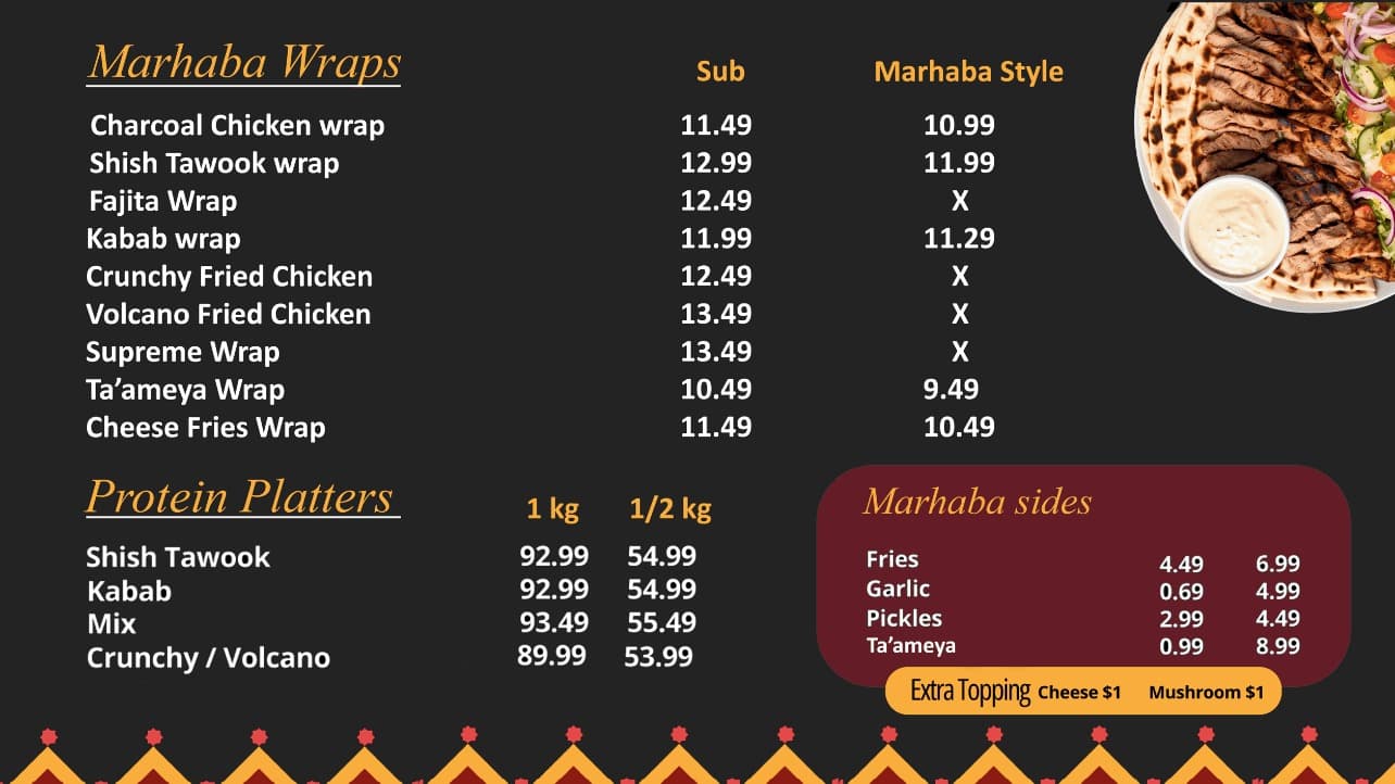 Marhaba Farooj menu board — wraps, protein platters and sides