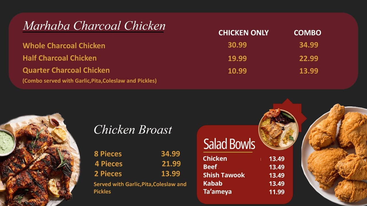 Marhaba Farooj menu board — charcoal chicken, broast and salad bowls