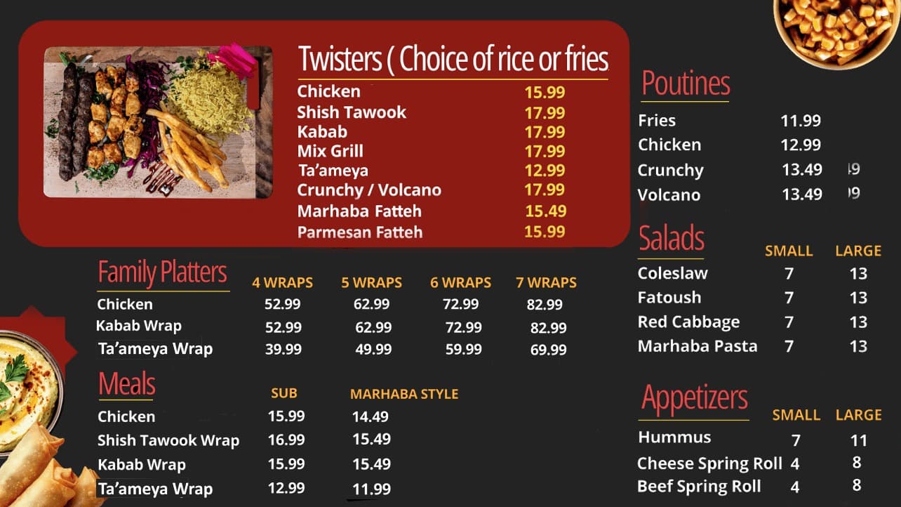 Marhaba Farooj menu board — twisters, family platters, poutines, salads and appetizers